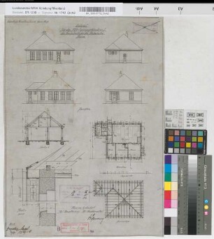 Entwurf für das Abfertigungsgebäude auf der Freiladestelle des Bahnhofes Herne: Grundriß, Ansichten, Schnitt, Sparrenlage, Detail, M. 1:100 und M. 1:10 Hga, Sknr.: 2, Fanr.: 2, Bunr.: 1