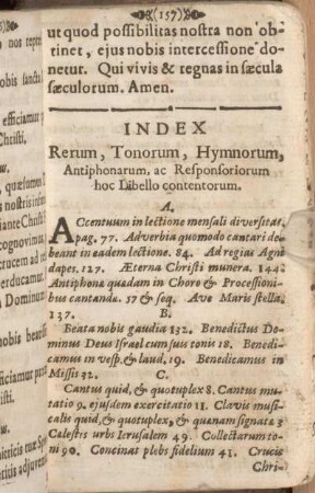 Index Rerum, Tonorum, Hymnorum, Antiphonarum, ac Responsoriorum hoc Libello contentorum.