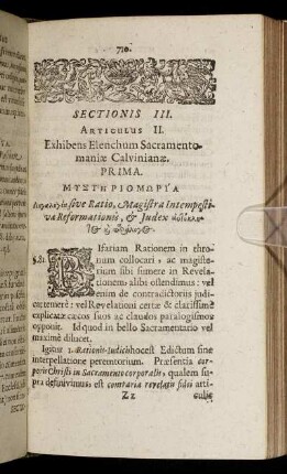 Articulus II. Exhibens Elenchum Sacramentomaniæ Calvinianæ.