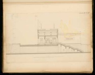 Bahnstation Monatskonkurrenz September 1869: Querschnitt mit Aufriss der Innenseite des Nordflügels; Maßstabsleiste