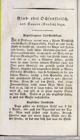 Rind oder Ochsenfleisch, und Saucen (Soosen) dazu