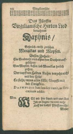 Das Fünffte Virgilianische Hirten-Lied benahmet Daphnis/