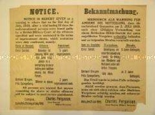 Bekanntmachung (zweisprachig) der britischen Rheinarmee über die Verurteilung von 3 Deutschen wegen "Verschwörung" gegen die alliierten Truppen