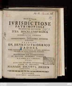 Nonnvlla De Ivrisdictione Patrimoniali Praesertim Secvndvm Ivra Mecklenbvrgica : Dissertatio Ivridica