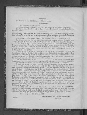 Verfügung, betreffend die Erweiterung des Anwendungsgebiets der Geldstrafe und die Einschränkung der kurzen Freiheitsstrafen