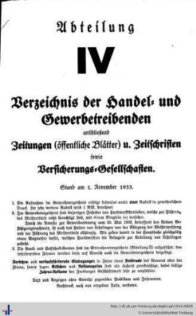 Abteilung IV. Verzeichnis der Handel- und Gewerbetreibenden, sowie andere Berufsarten. Versicherungsgesellschaften. Zeitungen und Zeitschriften, Geschäftsempfehlungen.