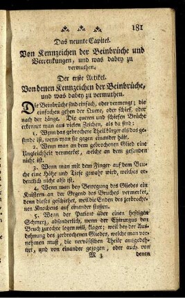 Das neunte Capitel. Von Kennzeichen der Beinbrüche und Verrenkungen, und was dabey zu vermuthen.