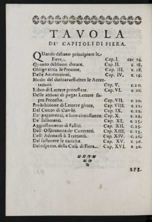Tavola De' Capitoli Di Fiera.