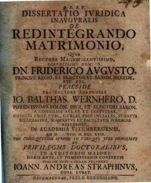 Dissertatio Ivridica Inavgvralis De Redintegrando Matrimonio