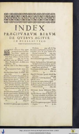 Index Praecipuarum Rerum De Quibus Agitur In Diallectico Theogenealogico.