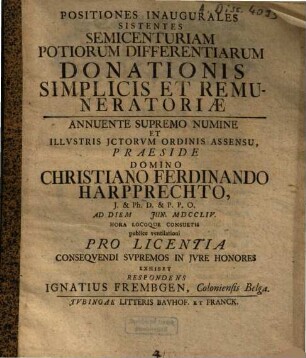 Postiones inaugurales sistente semicenturiam donationis simplicis et remuneratoriae