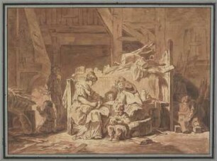 Familienszene im Inneren eines Bauernhauses