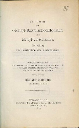 Synthesen der a-Methyl-Butyrolactoncarbonsäure und Methyl-Vinaconsäure : ein Beitrag zur Constitution der Vinaconsäure