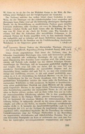 353-355 [Rezension] Laurentin, René, Kurzer Traktat der marianischen Theologie