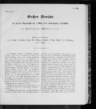 Nr. 14. Erster Bericht des von der Bürgerschaft am 4. März 1880 niedergesetzten Ausschusses zur Prüfung der Wahlen u. s. w. März 1880.