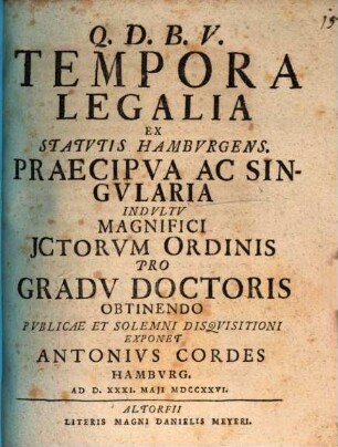 Tempora legalia ex statutis Hamburgens. praecipua ac singularia