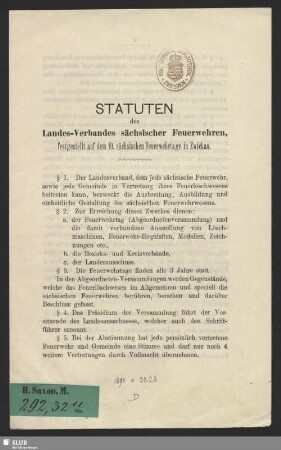 Statuten des Landes-Verbandes sächsischer Feuerwehren : festgestellt auf dem 10. sächsischen Feuerwehrtage in Zwickau
