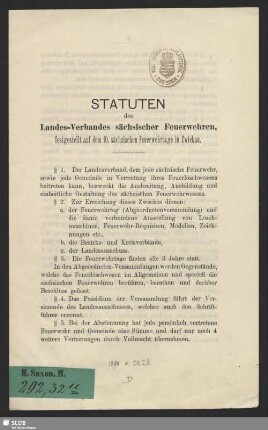 Statuten des Landes-Verbandes sächsischer Feuerwehren : festgestellt auf dem 10. sächsischen Feuerwehrtage in Zwickau