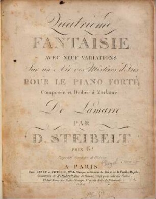Quatrieme fantaisie avec neuf variations sur un air des Mistères d'Isis : pour le piano forté