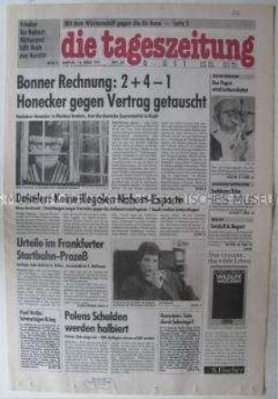 Fragment der Ost-Ausgabe der "tageszeitung" u.a. zur Ausreise von Erich Honecker nach Moskau