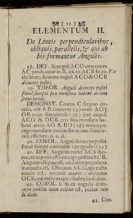 Elementum II. De Lineis perpendicularibus, obliquis, parallelis, & qui ab his formantur Angulis.