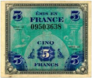 Geldschein, 5 Francs (FRF), 1944