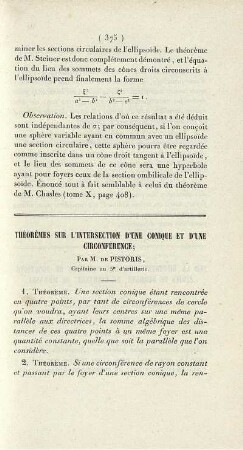 Théorèmes sur l´intersection d´une conique et d´une circonférence.