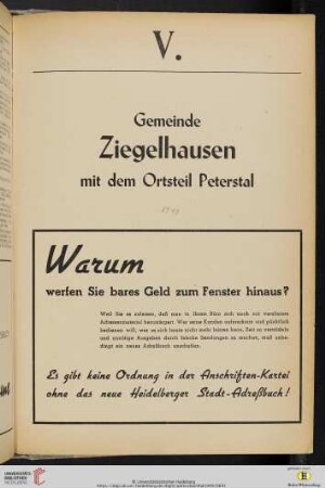 V. Gemeinde Ziegelhausen mit dem Ortsteil Peterstal