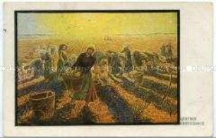 Postkarte mit Gemäldereproduktion: Frauen bei der Kartoffelernte