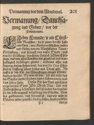 Vermanung/ Dancksagung und Gebett/ vor der Communion.