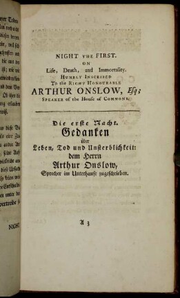Night the First : On Life, Death, and Immortality = Die erste Nacht : Gedanken über Leben, Tod und Unsterblichkeit