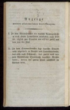 Anzeige meiner akademischen Vorlesungen
