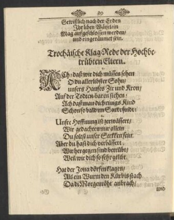 Trochäische Klag-Rede der Hochbetrübten Eltern.