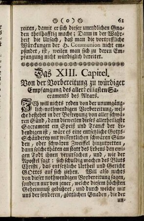 Das XIII. Capitel. Von der Vorbereitung zu würdiger Empfangung des allerheiligsten Sacraments des Altars.