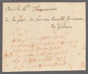 Voltaire (1694 - 1778) Autographen: Briefe von Voltaire an verschiedene Adressaten - BSB Autogr.Cim. Voltaire, François Marie Arouet de. 1, Voltaire (1694 - 1778) Autographen: Brief von Voltaire an N. N. - BSB Autogr.Cim. Voltaire, François Marie Arouet de.1