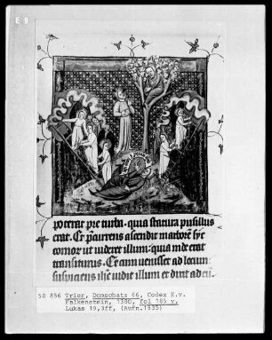 Perikopenbuch des Erzbischofs Kuno von Falkenstein: Die Berufung des Zachäus, der in einem Feigenbaum sitzt