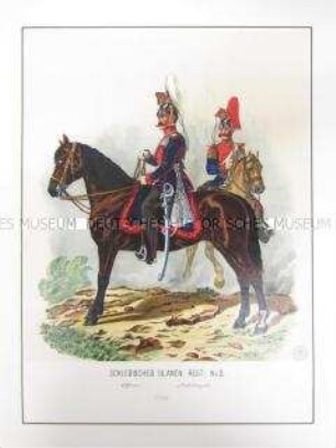 Uniformdarstellung, Offizier und Stabstrompeter des Schlesischen Ulanen-Regiments No. 2 zu Pferd, Preußen, 1864. Tafel 77 aus: Schindler: Militair-Album.