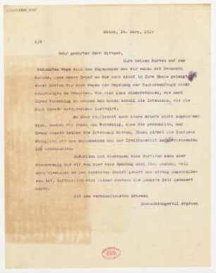 Brief an Julius Bittner : 14.03.1919