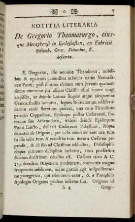 Notitia Literaria De Gregorio Thaumaturgo, eiusque Metaphrasi in Ecclesiasten, ex Fabricii Biblioth.