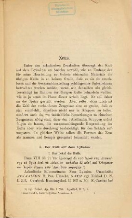 Die Kulte und Mythen Arkadiens : dargest. von Walter Immerwahr, 1. Die arkadischen Kulte