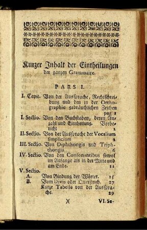 Kurzer Inhalt der Eintheilungen der ganzen Grammaire.