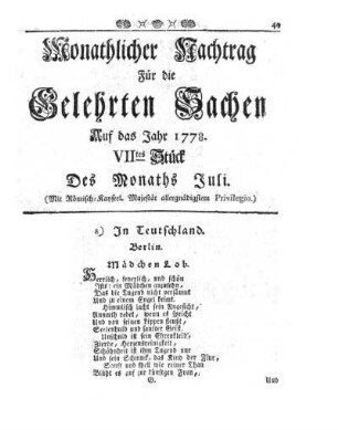 Monathlicher Nachtrag [...] Auf das Jahr 1778. VIItes Stück Des Monaths Juli