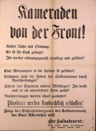 Kameraden von der Front, Aufruf des Soldatenrats Freiburg