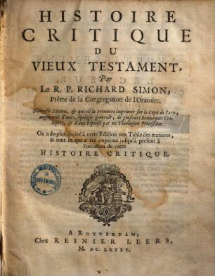 Histoire critique du Vieux Testament