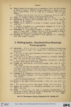 2. Bibliographie. Handschriften-Kataloge. Palaeographie (Nr. 116 - 175b)