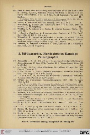 2. Bibliographie. Handschriften-Kataloge. Palaeographie (Nr. 116 - 175b)