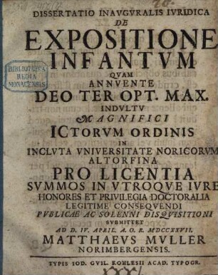 Dissertatio inavgvralis ivridica de expositione infantvm
