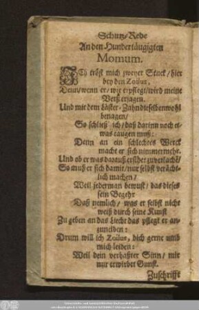 Schutz-Rede An den Hundertäugigten Momum.