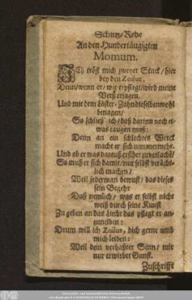 Schutz-Rede An den Hundertäugigten Momum.