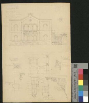 Fassade einer Villa mit Details der Brüstungen und Gesimse
